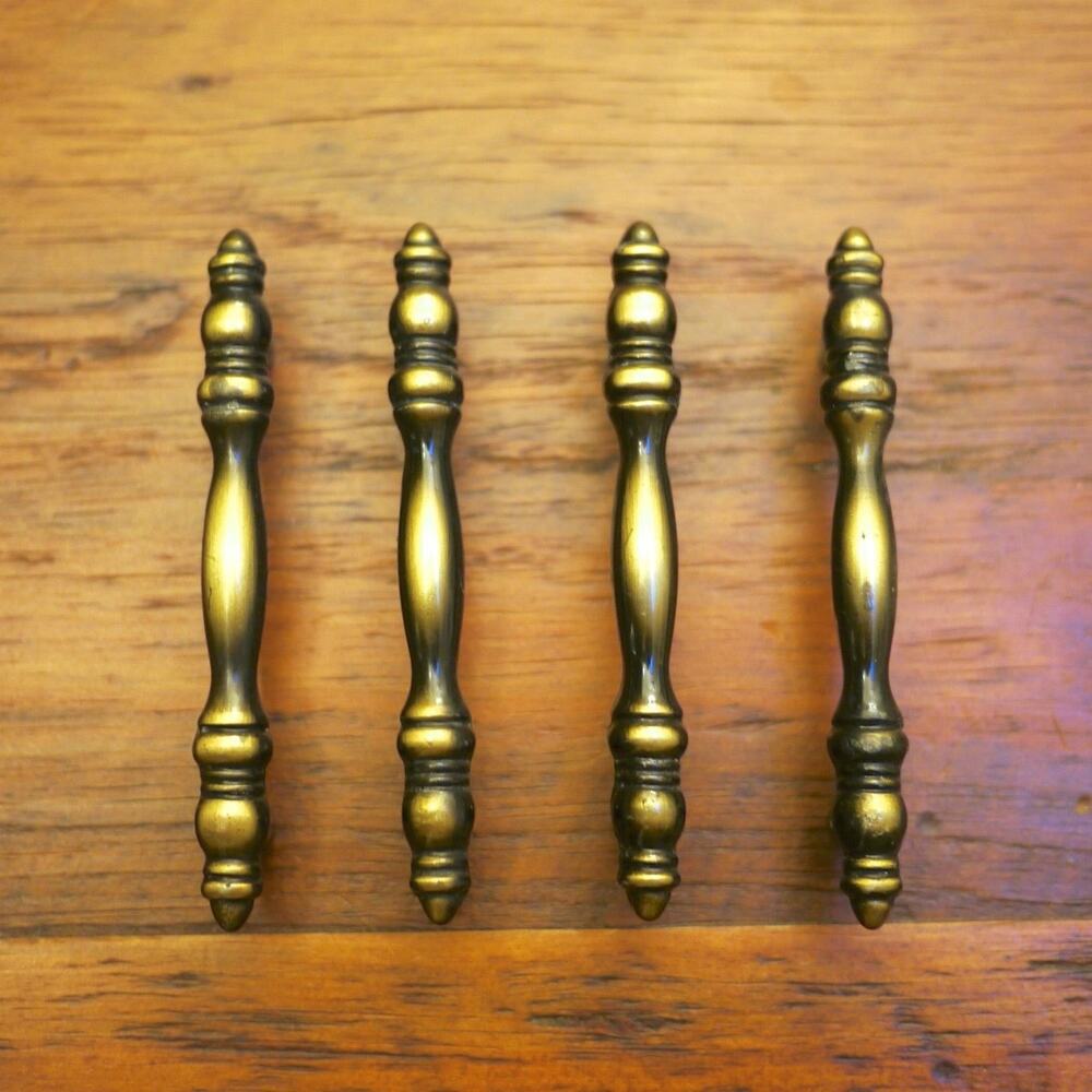 Set of 4 Vintage Style Rustic Farmhouse Antique Brass Cabinet Drawer Handles